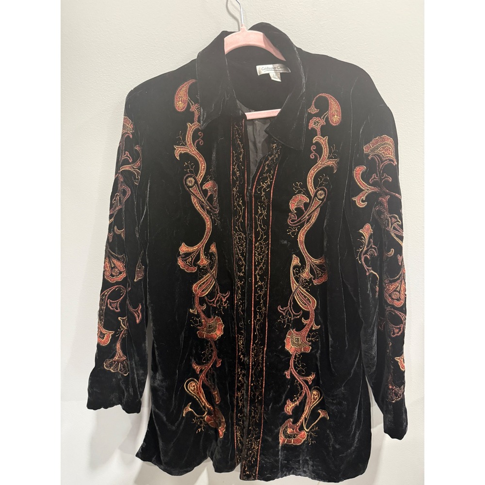 Coldwater Creek Black Velvet Embroidered Paisley Jacket PXL Hidden Snap Front